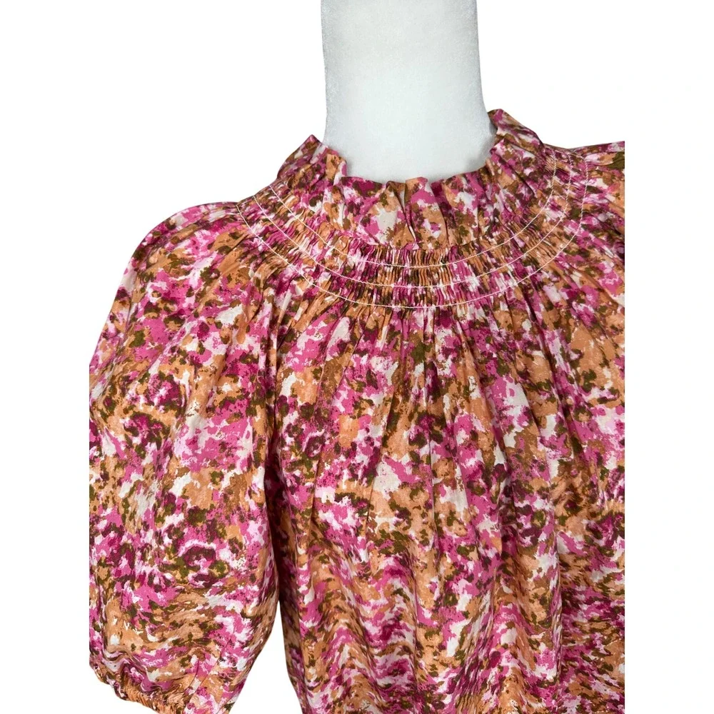 J.Crew Womens Smocked‎ Puff Sleeve Top XS Cottagecore Pink Floral Blouse